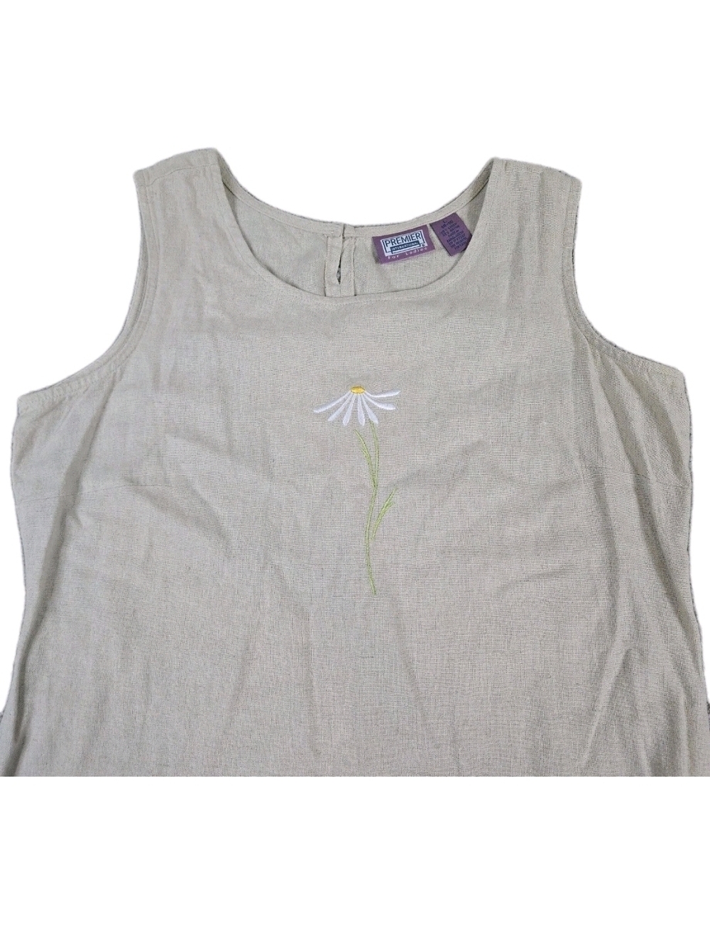 Cream Linen Blend Sleeveless Maxi Shift Dress Embroidered Flower Hippie Festival